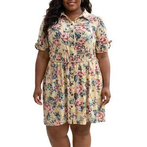 New Look Plus Size 3X Dress Floral Button-Front Self-Tie Sleeves Waist Detail